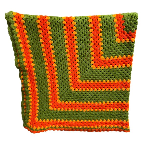 Vintage 1970s Handmade Crochet Afghan Blanket 58" X 54" Green Orange Yellow Squa - Picture 5 of 5